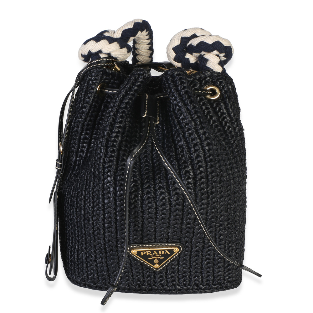 Prada Black Yarn Raffia Effect Crochet Mini Drawstring Bucket Bag